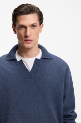 Virgin-wool sweater with Johnny collar, Dark Blue