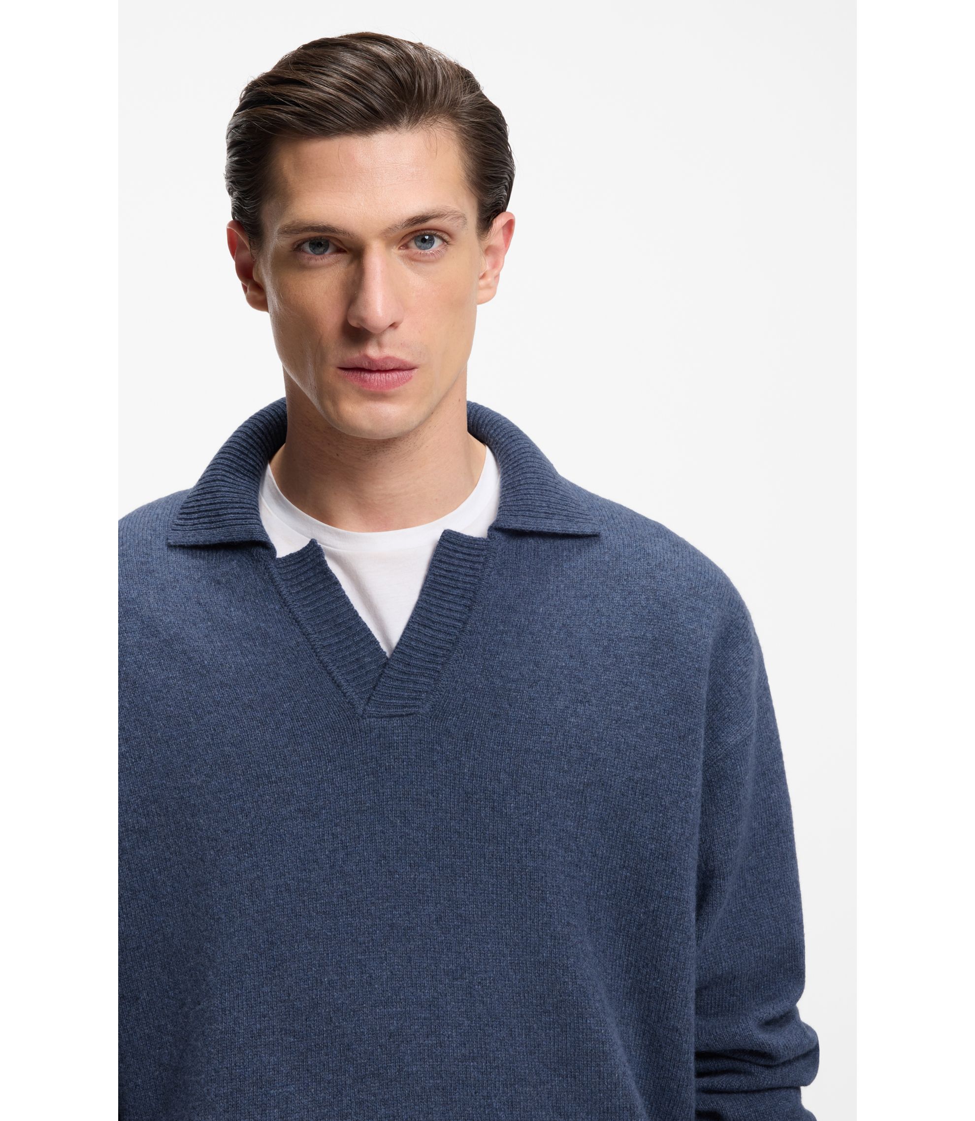 BOSS - Virgin-wool sweater with Johnny collar - Dark Blue