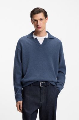 Virgin-wool sweater with Johnny collar, Dark Blue