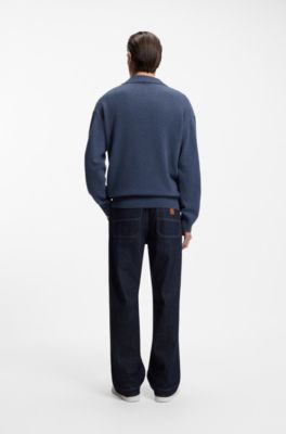 Virgin-wool sweater with Johnny collar, Dark Blue