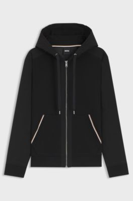 Felpa con cappuccio in terry di cotone con zip e decorazione con righe tipiche del marchio, Nero