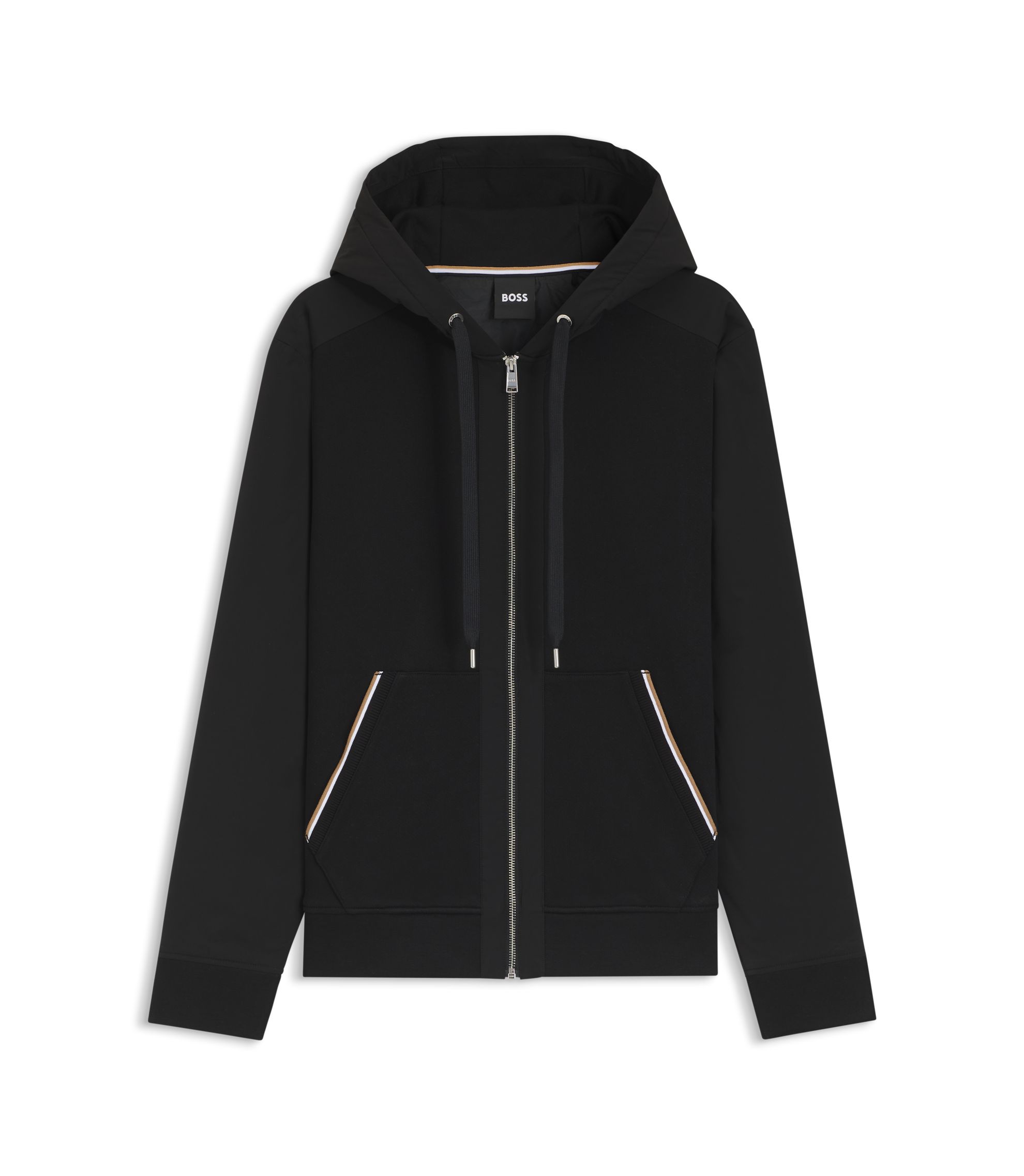 BOSS - Cotton-terry zip-up hoodie with signature-stripe trims - Black