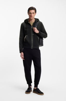 Felpa con cappuccio in terry di cotone con zip e decorazione con righe tipiche del marchio, Nero