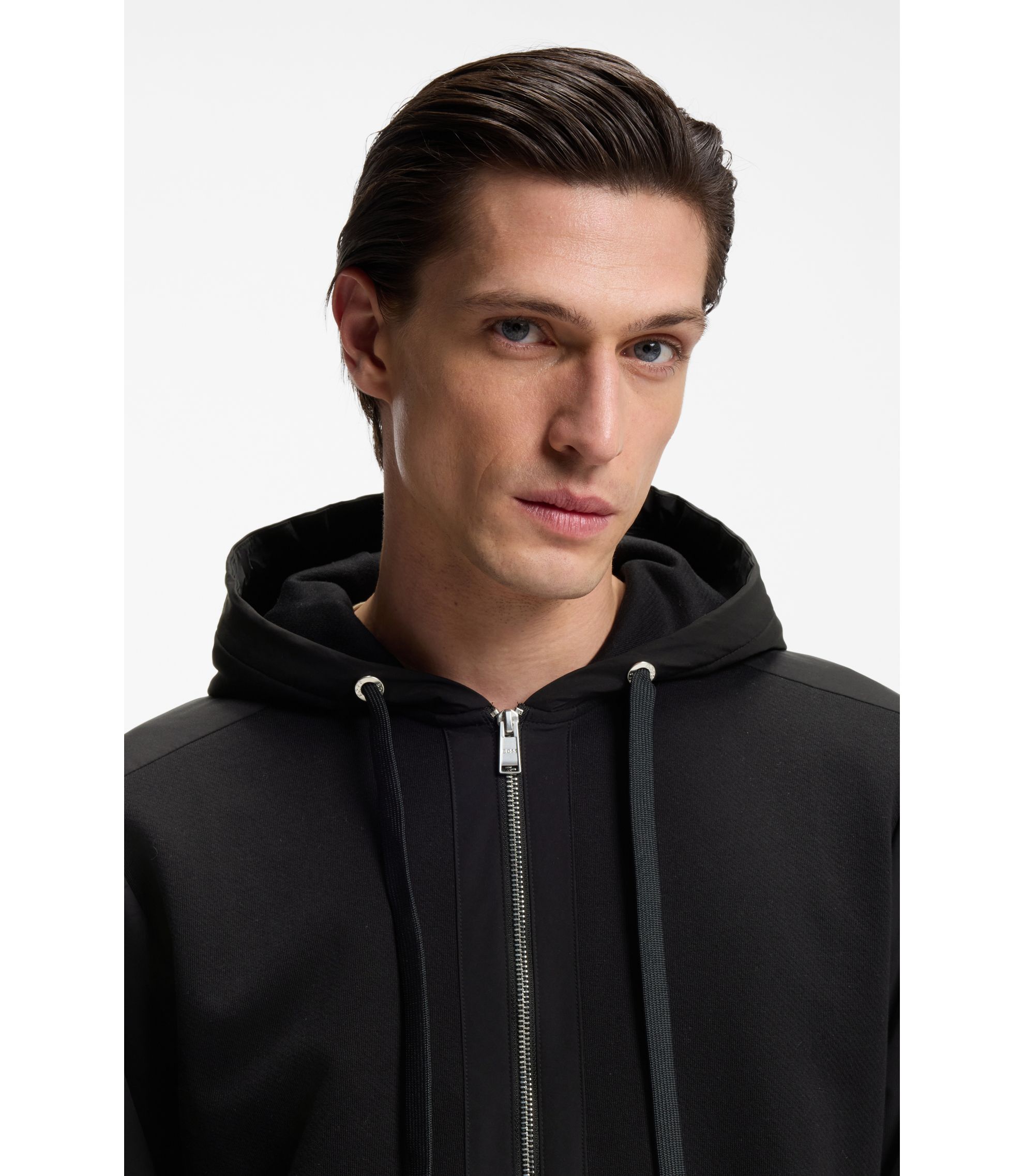 BOSS - Cotton-terry zip-up hoodie with signature-stripe trims - Black