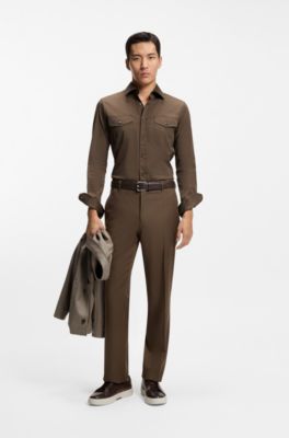 Camicia slim fit in misto cotone italiano, Kaki