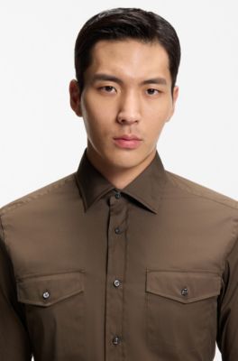 Slim-fit shirt in an Italian-made cotton blend, Khaki