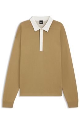 Contrast-collar sweater in cotton and virgin wool, Beige