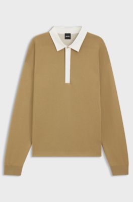 Contrast-collar sweater in cotton and virgin wool, Beige