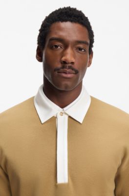 Contrast-collar sweater in cotton and virgin wool, Beige