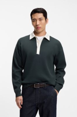 Contrast-collar sweater in cotton and virgin wool, Light Green