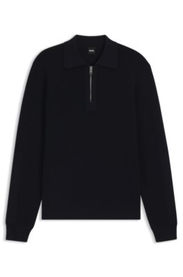 Virgin-wool sweater with zip collar, Dark Blue
