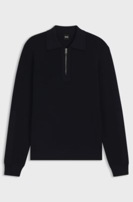 Virgin-wool sweater with zip collar, Dark Blue