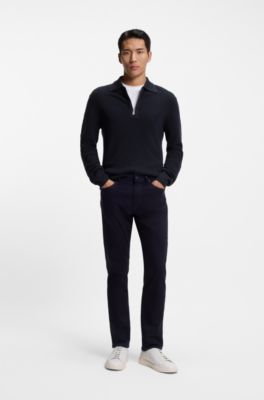 Virgin-wool sweater with zip collar, Dark Blue