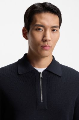 Virgin-wool sweater with zip collar, Dark Blue