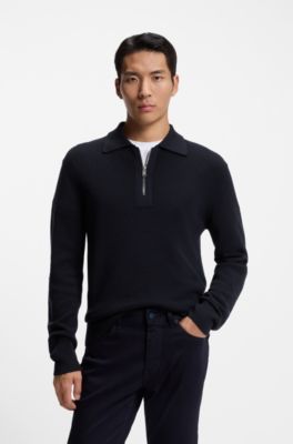 Virgin-wool sweater with zip collar, Dark Blue
