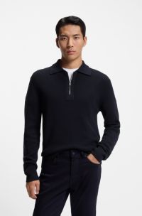 Virgin-wool sweater with zip collar, Dark Blue