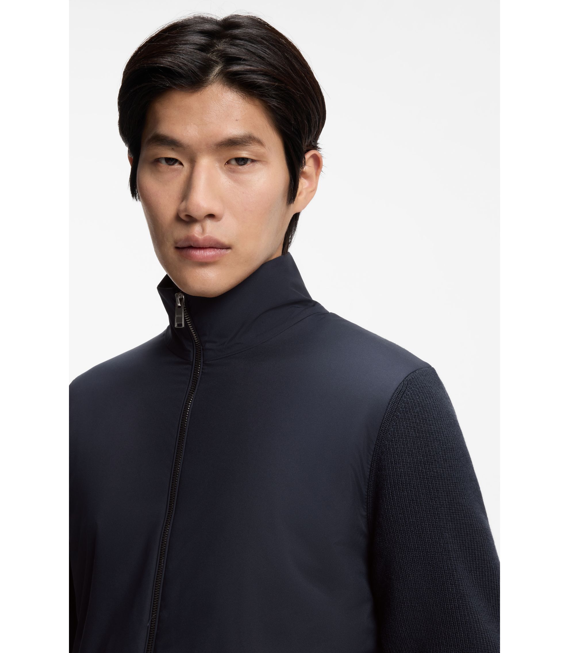 BOSS - ジップアップ ニットジャケット アジャスタブルヘム - ダークブルー