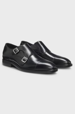 Leather monk shoes with double strap, Black