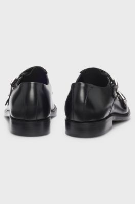 Scarpe monk in pelle con cinturino doppio, Nero