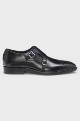 Leather monk shoes with double strap, Black