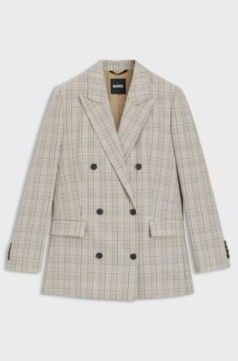 Blazer regular fit in lana elasticizzata a quadri, Beige a motivi