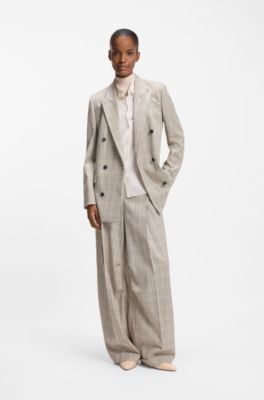 Regular-fit blazer van geruite wol met stretch, Beige met dessin