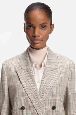 Regular-fit blazer van geruite wol met stretch, Beige met dessin