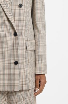 Blazer regular fit in lana elasticizzata a quadri, Beige a motivi