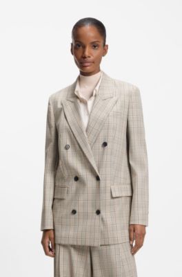 Regular-fit blazer van geruite wol met stretch, Beige met dessin