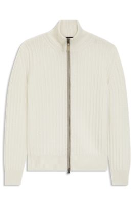 Zip-up sweater in cable-rib wool and cashmere, Natural