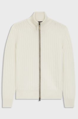 Zip-up sweater in cable-rib wool and cashmere, Natural