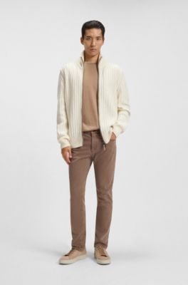 Zip-up sweater in cable-rib wool and cashmere, Natural