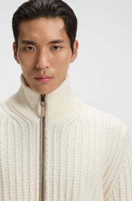 Zip-up sweater in cable-rib wool and cashmere, Natural