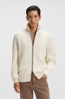 Zip-up sweater in cable-rib wool and cashmere, Natural