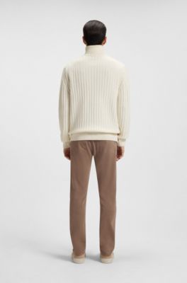 Zip-up sweater in cable-rib wool and cashmere, Natural