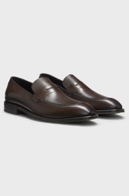 Mocassins en cuir avec languette textur&eacute;e, Marron fonc&eacute;
