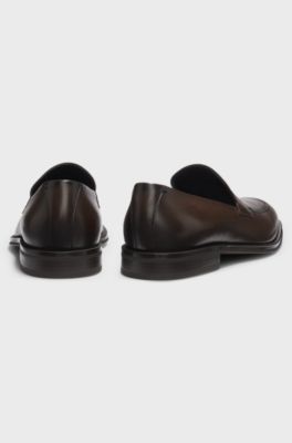 Mocassins en cuir avec languette textur&eacute;e, Marron fonc&eacute;