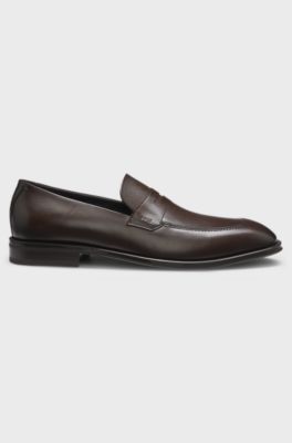 Mocassins en cuir avec languette textur&eacute;e, Marron fonc&eacute;