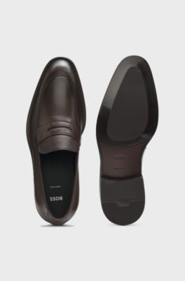 Mocassins en cuir avec languette textur&eacute;e, Marron fonc&eacute;