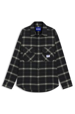 Oversized-fit overshirt in checked cotton twill, Black Patterned