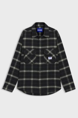 Sovracamicia oversize in cotone a quadri con cappuccio, Nero a motivi