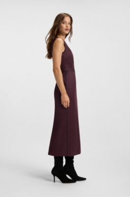 Virgin-wool dress with piped waistband, Dark Red