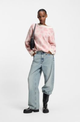 Pull Oversized Fit &agrave; motif jacquard c&oelig;ur, Rose &agrave; motif