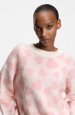 Pull Oversized Fit &agrave; motif jacquard c&oelig;ur, Rose &agrave; motif