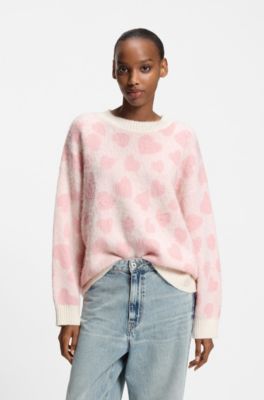 Maglione oversize con motivo jacquard a cuore, Rosa a motivi