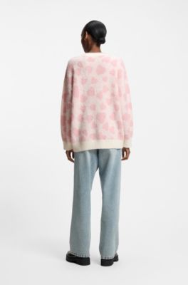 Maglione oversize con motivo jacquard a cuore, Rosa a motivi
