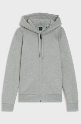 Zip-up hoodie in stretch cotton with logo detail, Light Grey