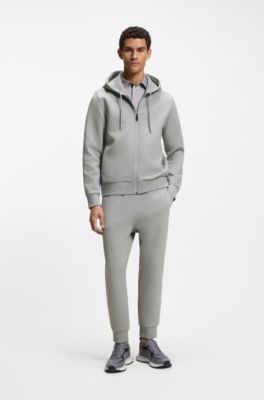 Zip-up hoodie in stretch cotton with logo detail, Light Grey
