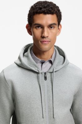 Zip-up hoodie in stretch cotton with logo detail, Light Grey