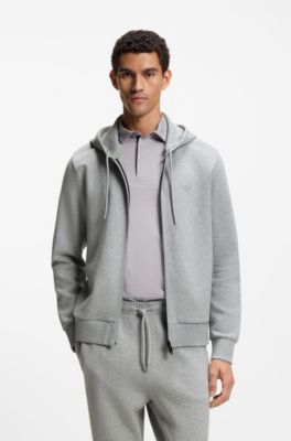 Zip-up hoodie in stretch cotton with logo detail, Light Grey